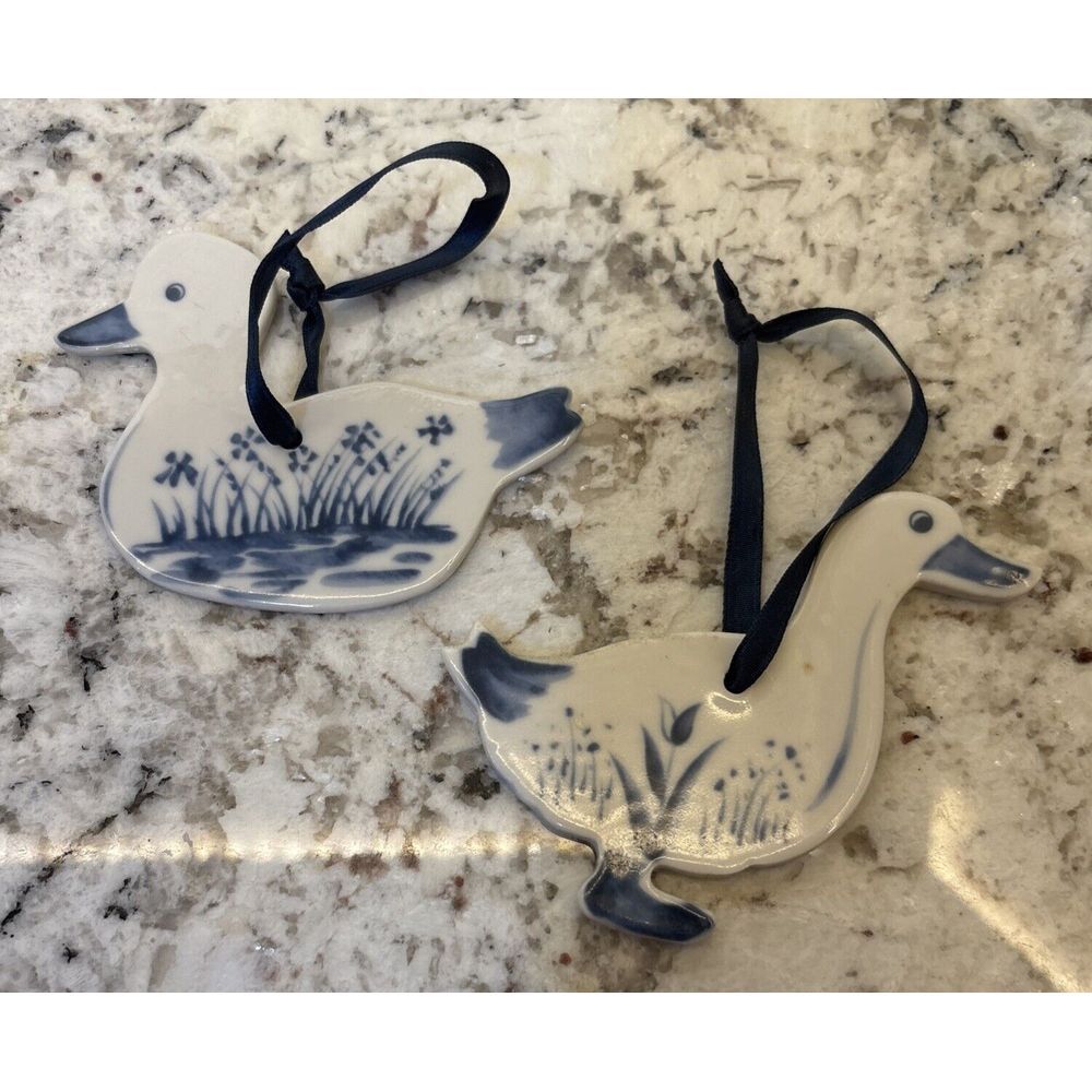 Set‎ Of Two Vintage Russ Berrie Porcelain Delft Style Hanging Ducks ornaments